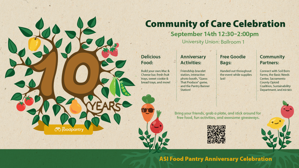10-year anniversary celebration graphic with hours, location, and food themed graphic art.