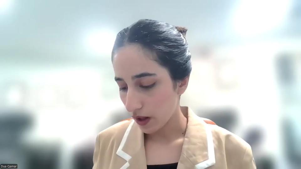 Dua Qamar stating the rules for SSIS, Discovery Pathways, and Graduate Students College Director Candidate Forum 