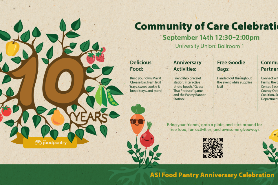 10-year anniversary celebration graphic with hours, location, and food themed graphic art.