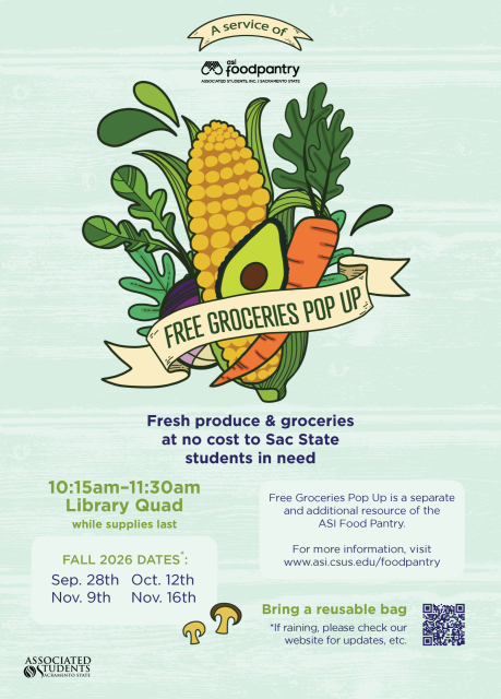 Flyer with location, dates, and time for the ASI Food Pantry's Free Groceries Pop Ups